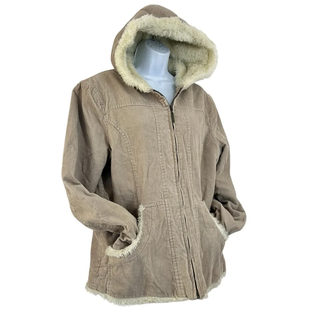 Deb Vintage 90s Y2K Tan Corduroy Jacket with Cream Faux Fur Trim L/XL